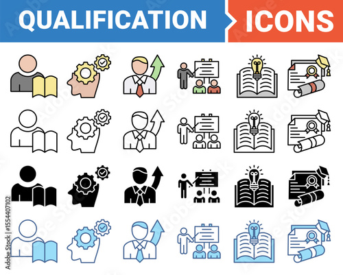 Qualification concept for employee recruitment and positioning icon set with multiple style collection.