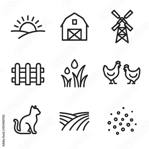 Sunrise Farm Icons. Outline icon set of sunrise farm landscape: rising sun, barn silhouette, windmill, fence line, dew drops on