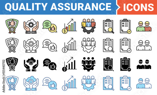 Quality assurance icon set with multiple style collection.