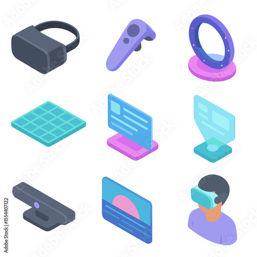 Virtual Reality Icons. Isometric Flat icon set of virtual reality escape: VR headset, hand controller, environment grid,