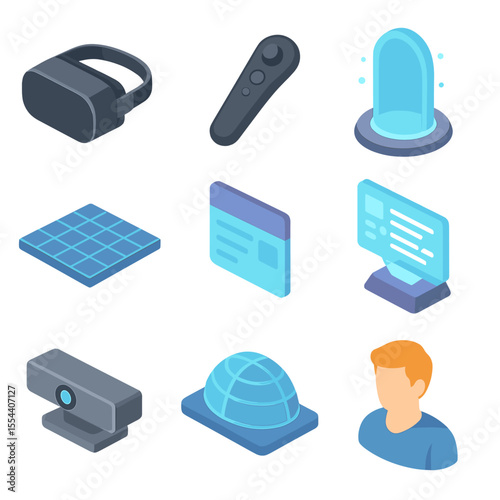 Virtual Reality Icons. Isometric Flat icon set of virtual reality escape: VR headset, hand controller, environment grid,