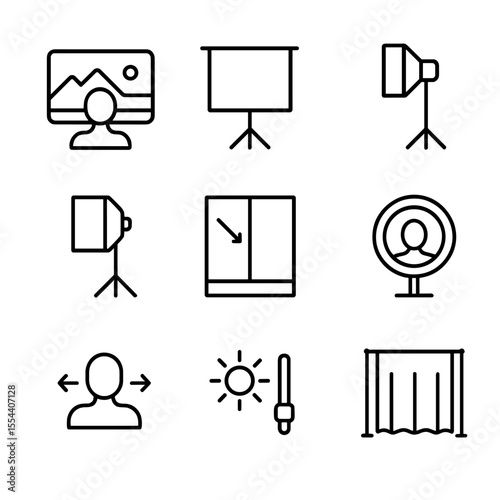 Virtual Lighting Icons. Outline icon set of virtual backgrounds and lighting: virtual background, green screen, soft box light,