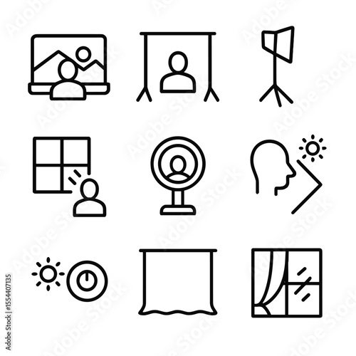 Virtual Lighting Icons. Outline icon set of virtual backgrounds and lighting: virtual background, green screen, soft box light,
