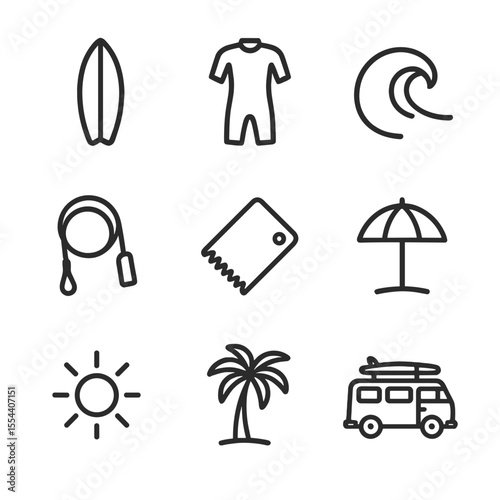 Surfing Icon Set. Outline icon set of Surfing and wave riding: surfboard, wetsuit, wave crest, leash cord, wax comb, beach