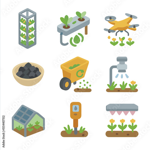 Sustainable Agriculture Icons. Isometric Flat icon set of sustainable agriculture innovations: vertical farm tower, hydroponic