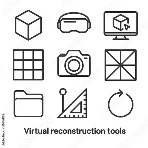 Virtual Reconstruction Tools Icon. Outline icon set of virtual reconstruction tools: 3D model, VR headset, CAD software icon, grid