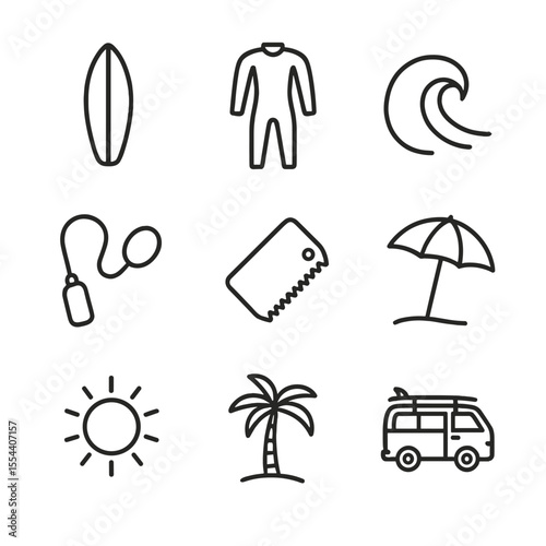 Surfing Icon Set. Outline icon set of Surfing and wave riding: surfboard, wetsuit, wave crest, leash cord, wax comb, beach