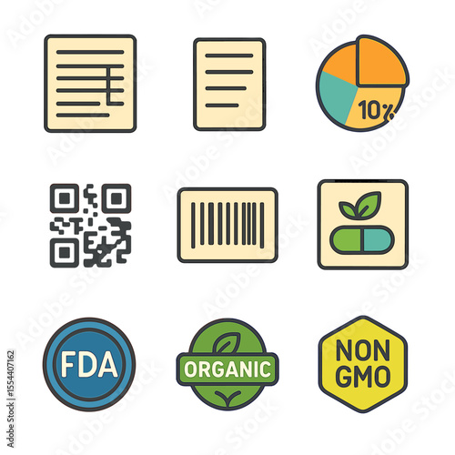 Vitamin Labels Icons. Isometric Flat icon set of vitamin labels and ingredients: label with supplement facts, ingredient list,