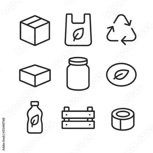 Sustainable Packaging Icons. Outline icon set of Sustainable Packaging: cardboard box, biodegradable bag, recycling arrows,