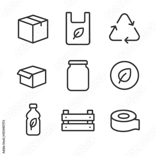 Sustainable Packaging Icons. Outline icon set of Sustainable Packaging: cardboard box, biodegradable bag, recycling arrows,
