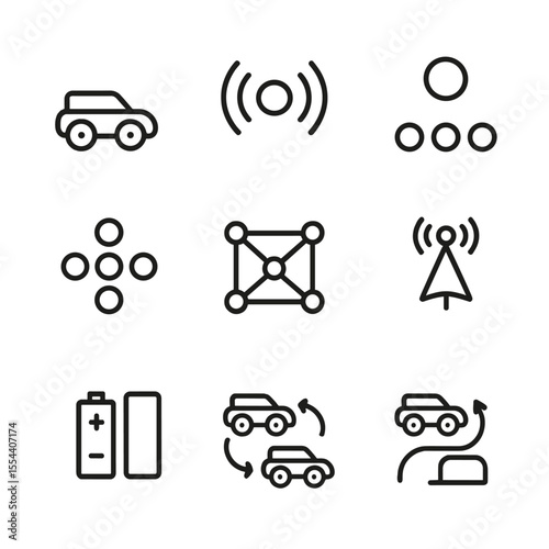 Swarm Robotics Icons. Outline icon set of Swarm Robotics Concepts: small rover, communication node, leader signal, formation