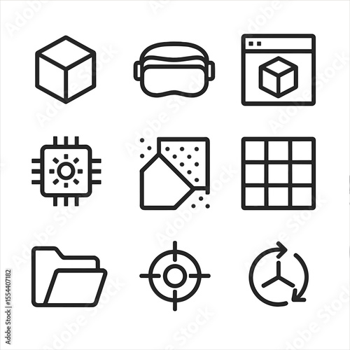 Virtual Reconstruction Tools Icon. Outline icon set of virtual reconstruction tools: 3D model, VR headset, CAD software icon, grid