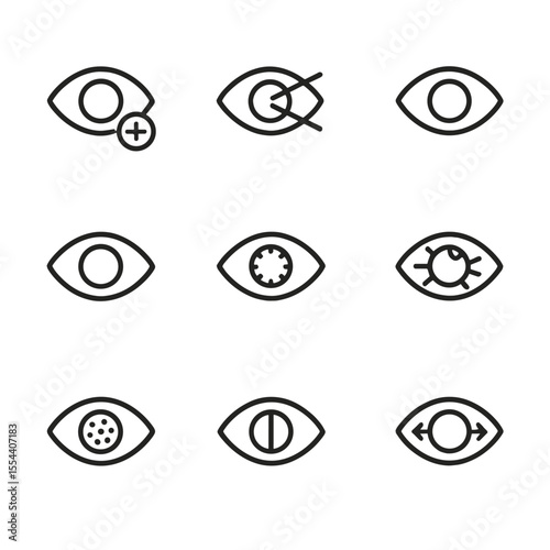Vision Disorders Icons. Outline icon set of common vision disorders: myopia, hyperopia, astigmatism, presbyopia, cataract,