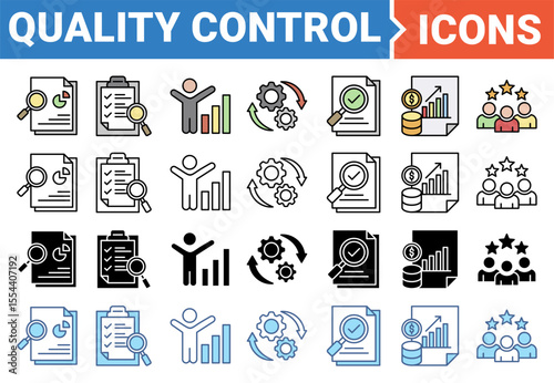 Quality control icon set with multiple style collection.