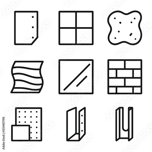 Wall Substrate Icons. Outline icon set of wall substrates: drywall, tile, plaster, concrete, wood panel, glass, brick, cement