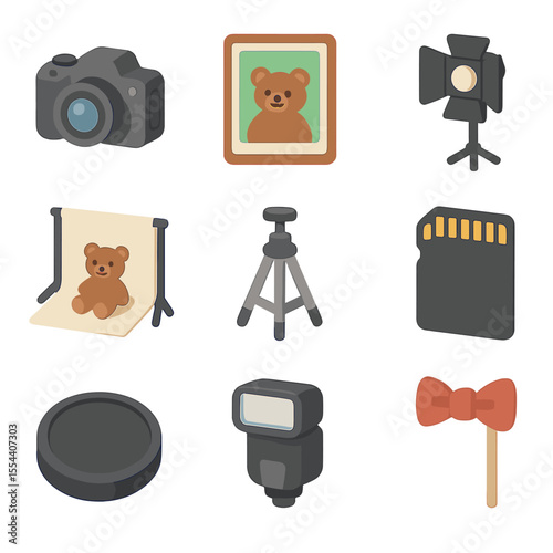 Teddy Photo Session Icons. Isometric Flat icon set of teddy bear photo session: camera, photo frame, studio light, backdrop,