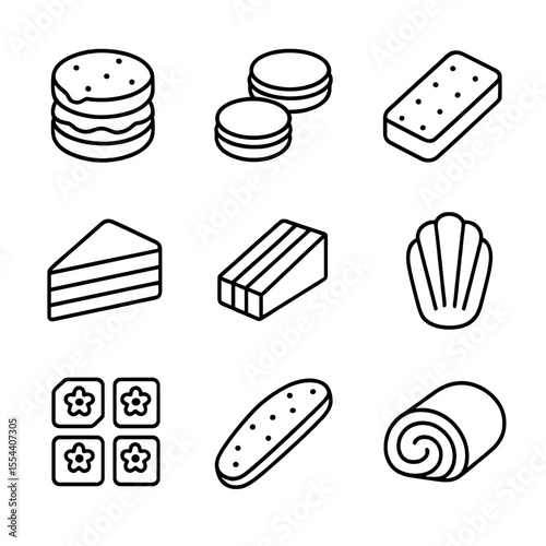 Tea Time Icons. Outline icon set of tea time snacks: scone with clotted cream, macarons, shortbread cookie, tea cake slice, finger