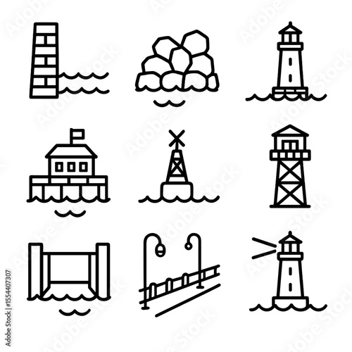 Waterfront Infrastructure Icons. Outline icon set of waterfront infrastructure: seawall, breakwater, lighthouse, harbor office,
