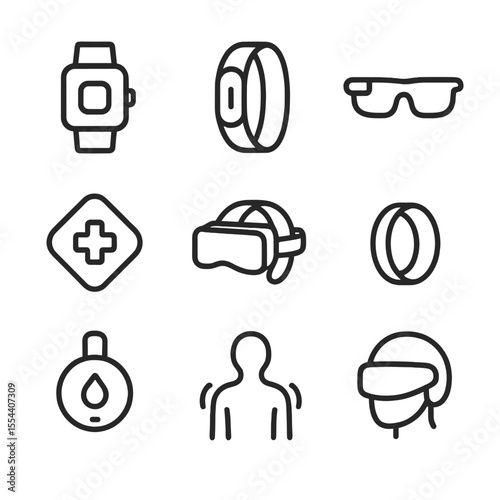 Wearable Tech Icons. Outline icon set of wearable technology: smart watch, fitness band, smart glasses, health patch, VR headset,