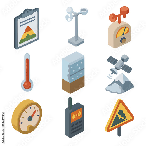 Weather Monitoring Icons. Isometric Flat icon set of weather and avalanche monitoring: avalanche forecast chart, weather sensor