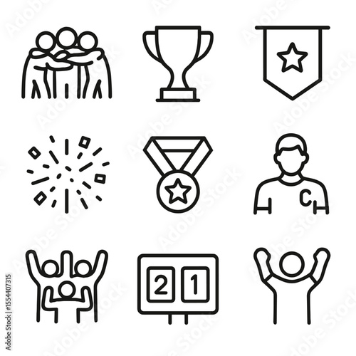 Team Victory Icons. Outline icon set of team sports victory: team huddle, victory trophy, championship banner, confetti burst,