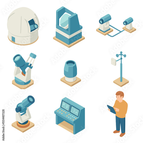Telescope Array Icons. Isometric Flat icon set of ground-based telescope arrays: observatory dome, large mirror telescope,