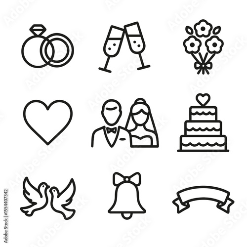Wedding Icon Set. Outline icon set of wedding congratulations: wedding rings, champagne glasses, bouquet, bride and groom