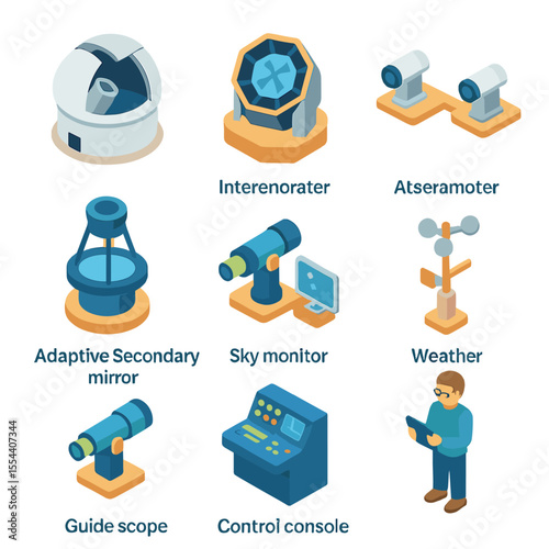 Telescope Array Icons. Isometric Flat icon set of ground-based telescope arrays: observatory dome, large mirror telescope,