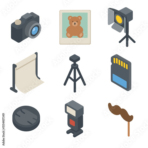 Teddy Photo Session Icons. Isometric Flat icon set of teddy bear photo session: camera, photo frame, studio light, backdrop,