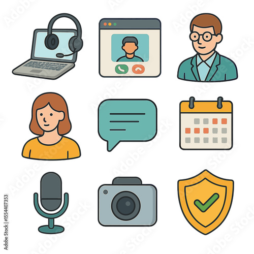 Isometric Teletherapy Icons. Isometric Flat icon set of teletherapy and online counseling platforms: laptop with headset, video