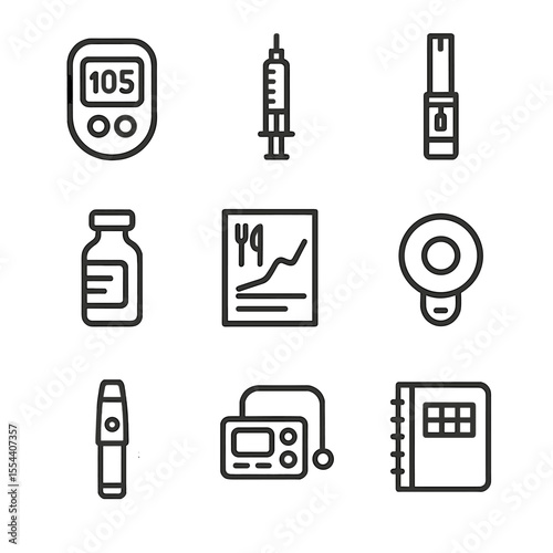 Diabetes Management Icons. Outline icon set of diabetes self-management: blood glucose meter, insulin pen, test strip, insulin