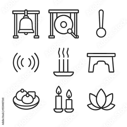 Temple Ceremony Icons. Outline icon set of Temple Bell and Gong Ceremonies: temple bell, gong, mallet, sound wave, incense, altar,