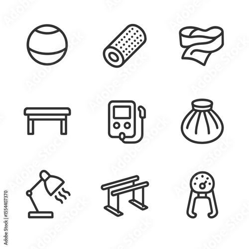 Therapeutic Equipment Icons. Outline icon set of therapeutic equipment: balance ball, foam roller, resistance band, therapy table,