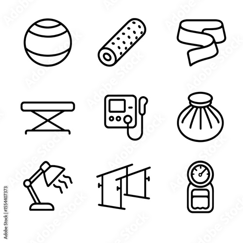 Therapeutic Equipment Icons. Outline icon set of therapeutic equipment: balance ball, foam roller, resistance band, therapy table,