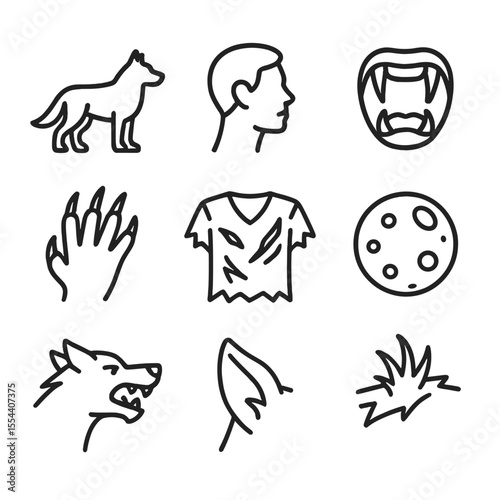 Werewolf Transformation Icons. Outline icon set of werewolf transformation: wolf silhouette, human profile, growing fangs, clawed