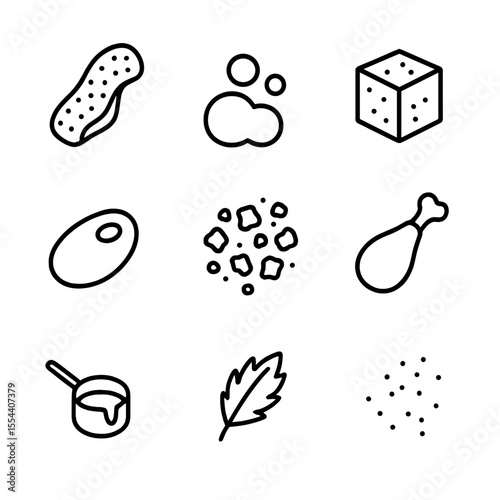 Textural Contrast Icons. Outline icon set of Textural Contrast Elements: crispy tuile, foam bubble, gel cube, purée dot, crunchy