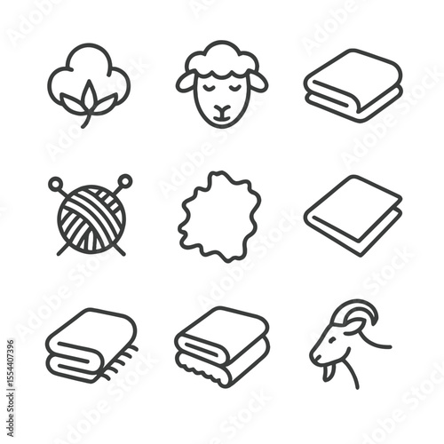Throw Blanket Icons. Outline icon set of throw blanket materials: cotton, wool, fleece, knitted yarn, faux fur, linen, chenille,