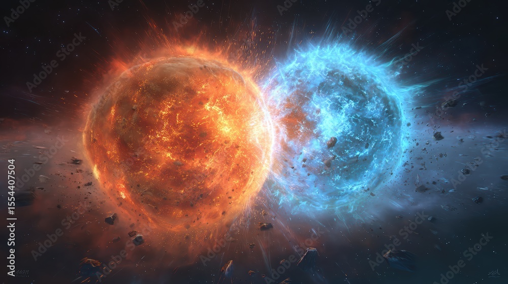 Two fiery celestial bodies, one orange and one blue, collide in space, creating sparks and debris in a dramatic cosmic explosion. Two fiery celestial bodies, one orange and one blue, collide in space, creating sparks and debris in a dramatic cosmic explosion.