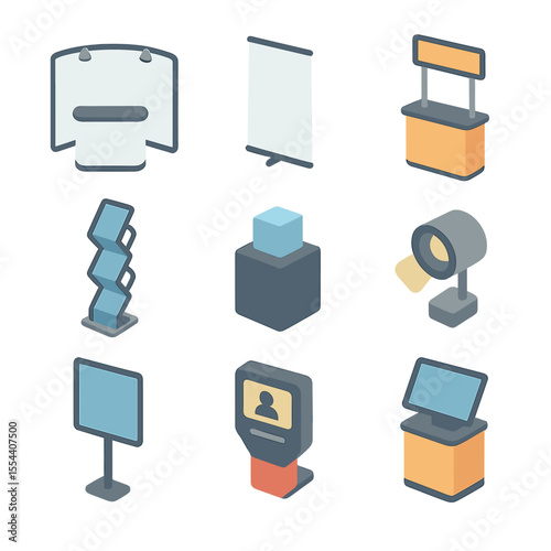 Trade Show Booth Icons. Isometric Flat icon set of trade show booth displays: exhibition stand, banner stand, promotional counter,
