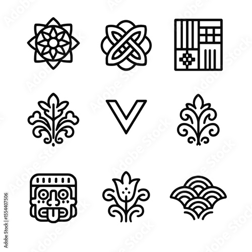 Traditional Pattern Icons. Outline icon set of cultural identity and heritage: national flag, ancestral mask, traditional textile