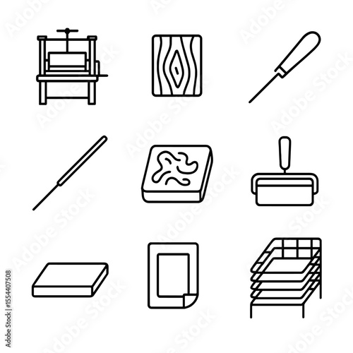 Traditional Printmaking Icons. Outline icon set of traditional printmaking methods: printing press, woodblock, engraving burin,