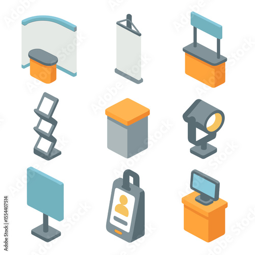 Trade Show Booth Icons. Isometric Flat icon set of trade show booth displays: exhibition stand, banner stand, promotional counter,