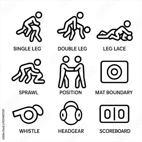 Wrestling Icon Set. Outline icon set of amateur wrestling styles: single leg takedown, double leg takedown, leg lace, sprawl,