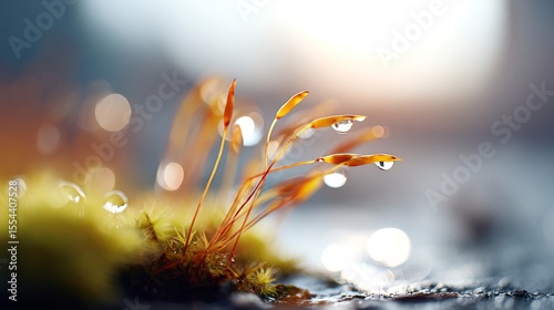 Golden light, warm and inviting, shines down on golden moss, which is decorated with tiny water droplets, creating a peaceful and detailed scene