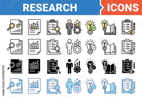 Research icon set with multiple style collection.