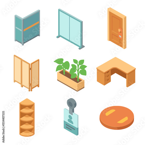 Workspace Icons Grid. Isometric Flat icon set of physical workspace boundaries: cubicle wall, glass partition, door with “do not