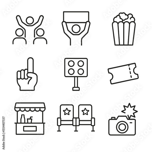 Wrestling Event Icons. Outline icon set of wrestling event audience: cheering fans, signboard, popcorn box, foam finger, stadium