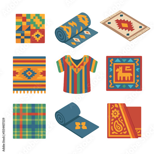 Traditional Textile Icons. Isometric Flat icon set of traditional woven textiles: kente cloth pattern, ikat fabric roll, Navajo
