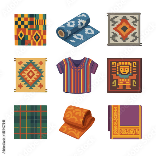 Traditional Textile Icons. Isometric Flat icon set of traditional woven textiles: kente cloth pattern, ikat fabric roll, Navajo