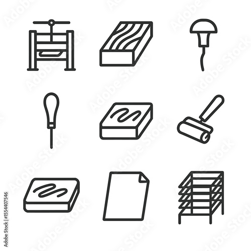 Traditional Printmaking Icons. Outline icon set of traditional printmaking methods: printing press, woodblock, engraving burin,